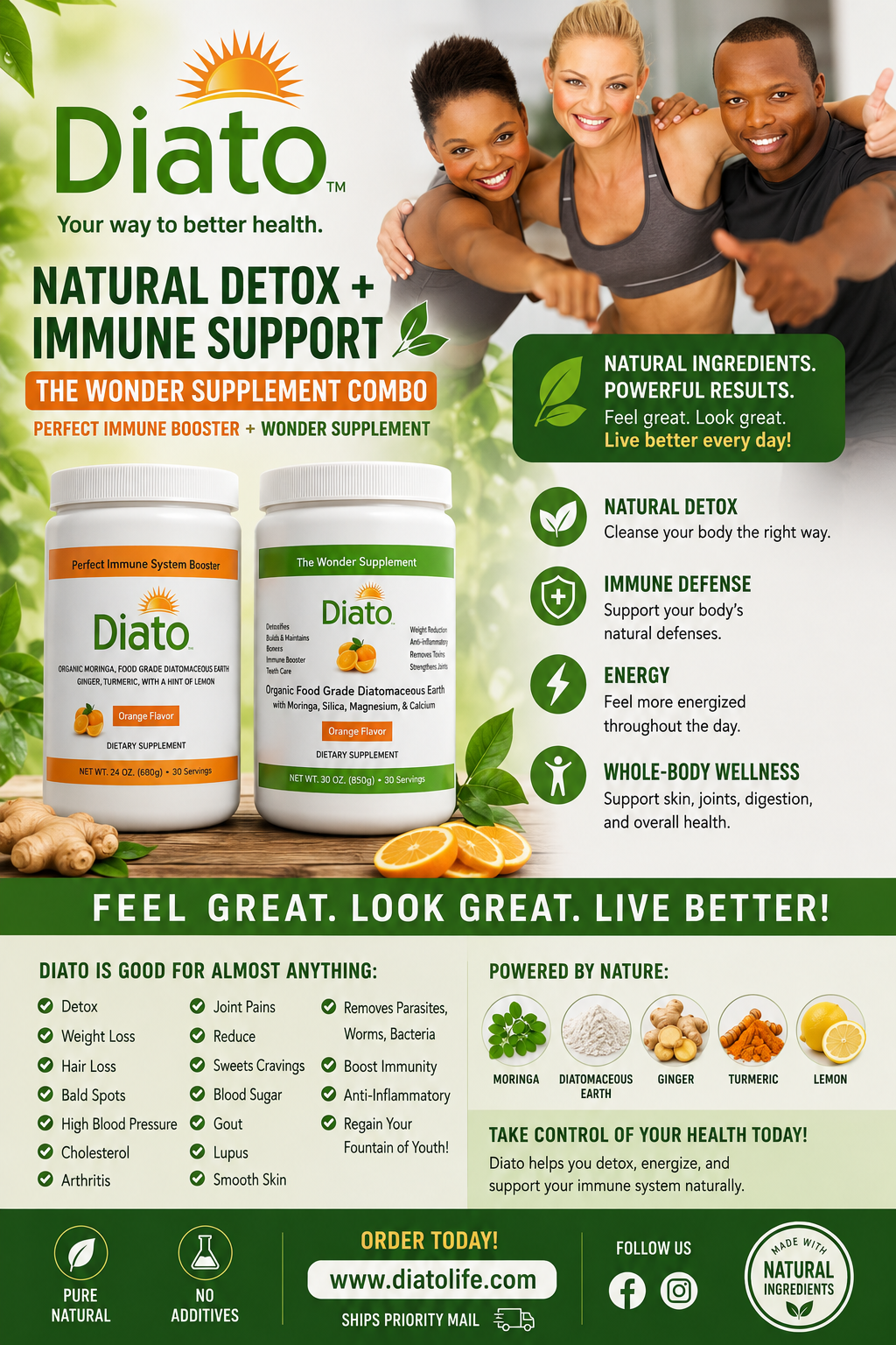 DiatoLife promotional image featuring the Wonder Detox Supplement and Perfect Immune Booster products